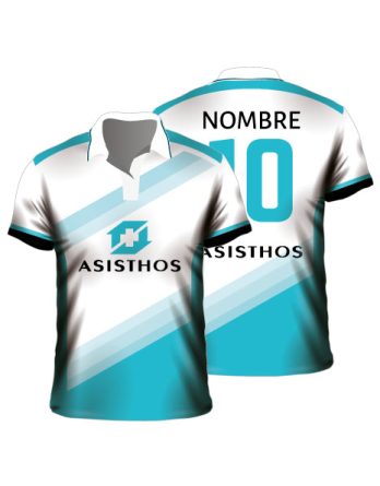Chomba deportiva sublimada personalizada celeste y blanca