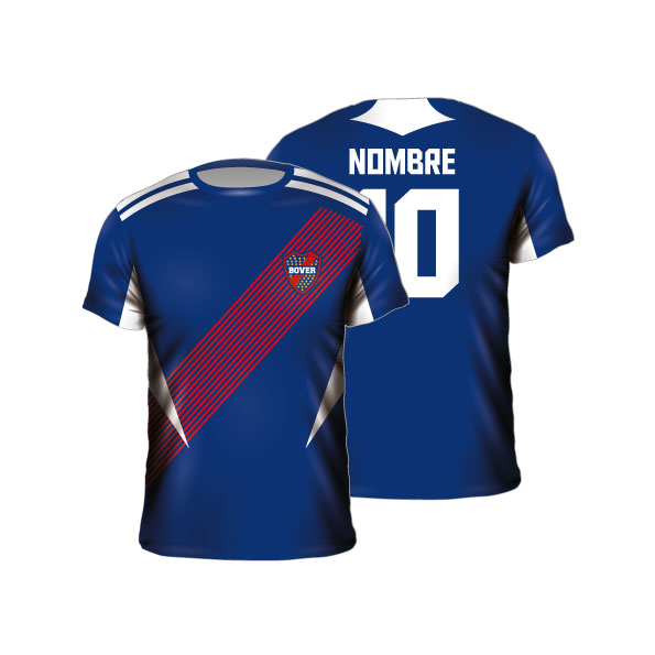 Camiseta fútbol sublimada azul franja roja diagonal personalizada