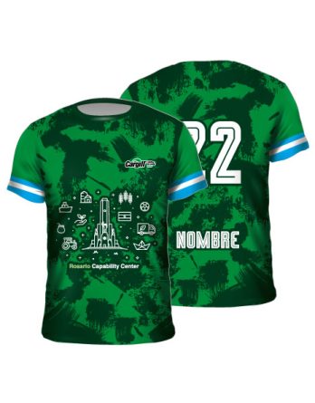 Remera corporativa sublimada verde logo empresa personalizada