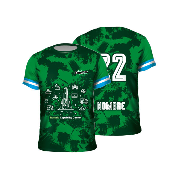 Remera corporativa sublimada verde logo empresa personalizada