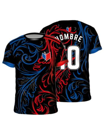 Camiseta deportiva sublimada negra diseño floral barroco azul rojo