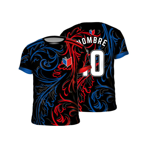 Camiseta deportiva sublimada negra diseño floral barroco azul rojo