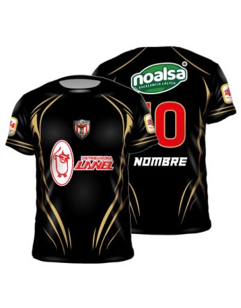 Camiseta fútbol sublimada negra dorada sponsors vista alternativa