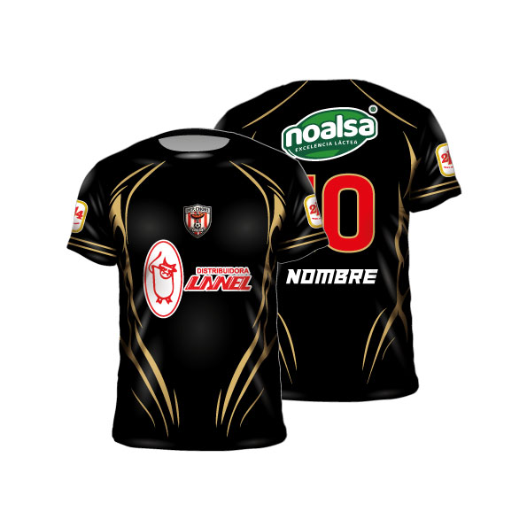 Camiseta fútbol sublimada negra dorada con sponsors nombre número