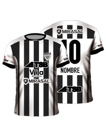 Camiseta fútbol sublimada rayas blanca negra nombre número