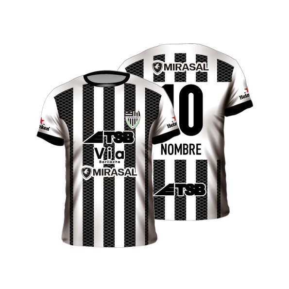 Camiseta fútbol sublimada rayas blanca negra nombre número