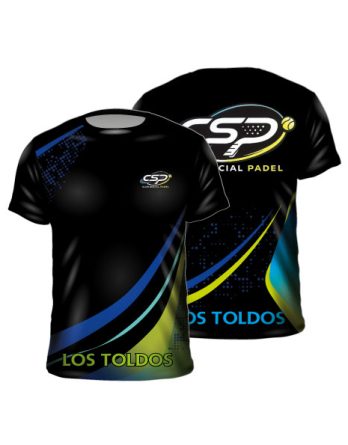 Remera pádel sublimada negra diseño geométrico azul verde