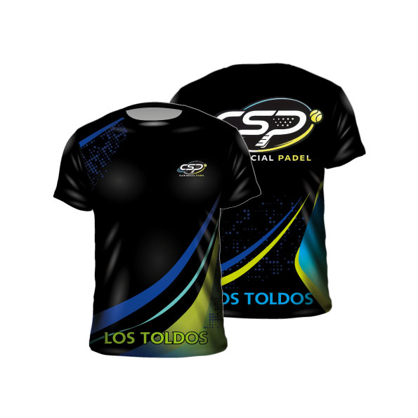 Remera pádel sublimada negra diseño geométrico azul verde