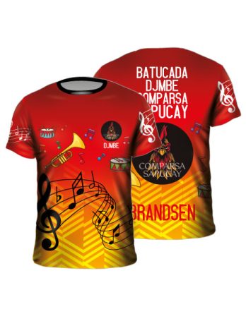 Remera sublimada comparsa batucada roja naranja notas musicales