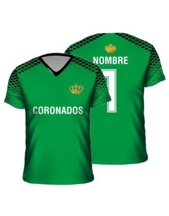 Camiseta fútbol sublimada verde cuello V logo nombre número
