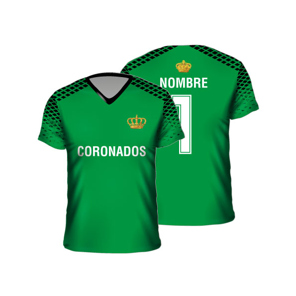 Camiseta fútbol sublimada verde cuello V logo nombre número