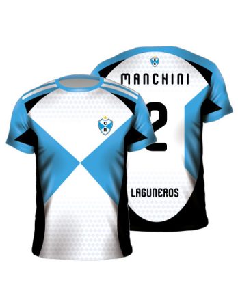 Camiseta fútbol sublimada celeste blanca negra diseño diagonal