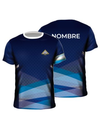 Camiseta deportiva sublimada azul marino diseño geométrico celeste