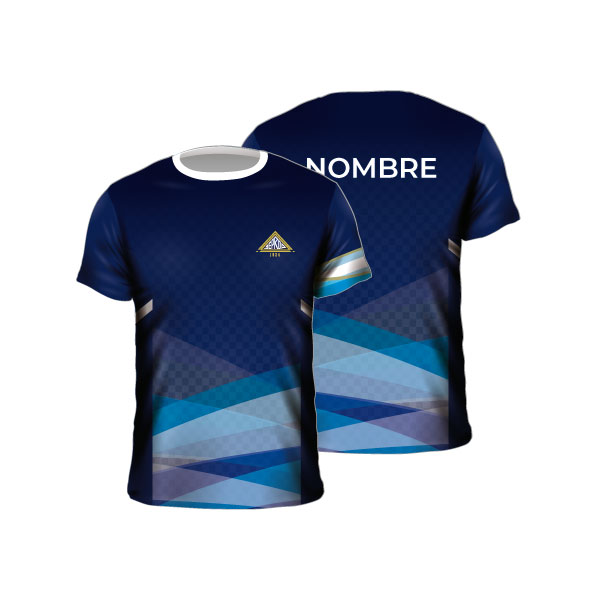 Camiseta deportiva sublimada azul marino diseño geométrico celeste