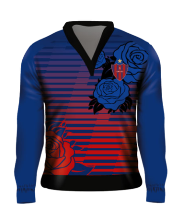 buzo deportivo personalizado cuello V azul rojo sublimado equipo