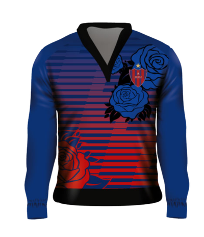 buzo deportivo personalizado cuello V azul rojo sublimado equipo