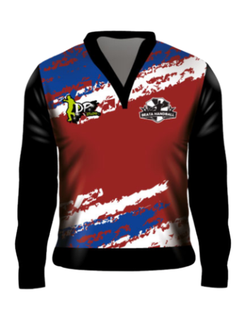 buzo deportivo personalizado handball cuello V rojo azul sublimado