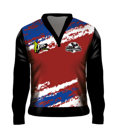 buzo deportivo personalizado handball cuello V rojo azul sublimado