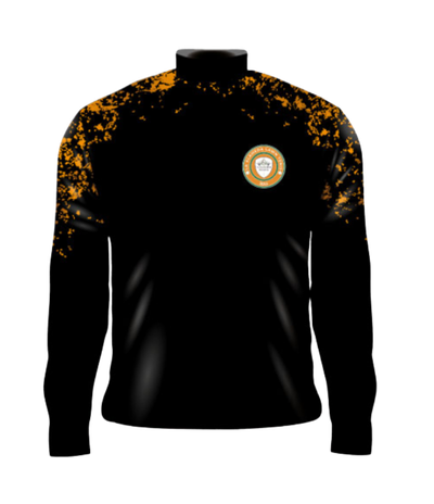 buzo deportivo personalizado medio cierre negro naranja sublimado