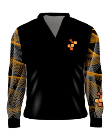 buzo deportivo sublimado cuello redondo negro naranja personalizado equipo