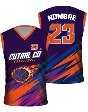 Camiseta de básquet sublimada violeta y naranja personalizada para equipo