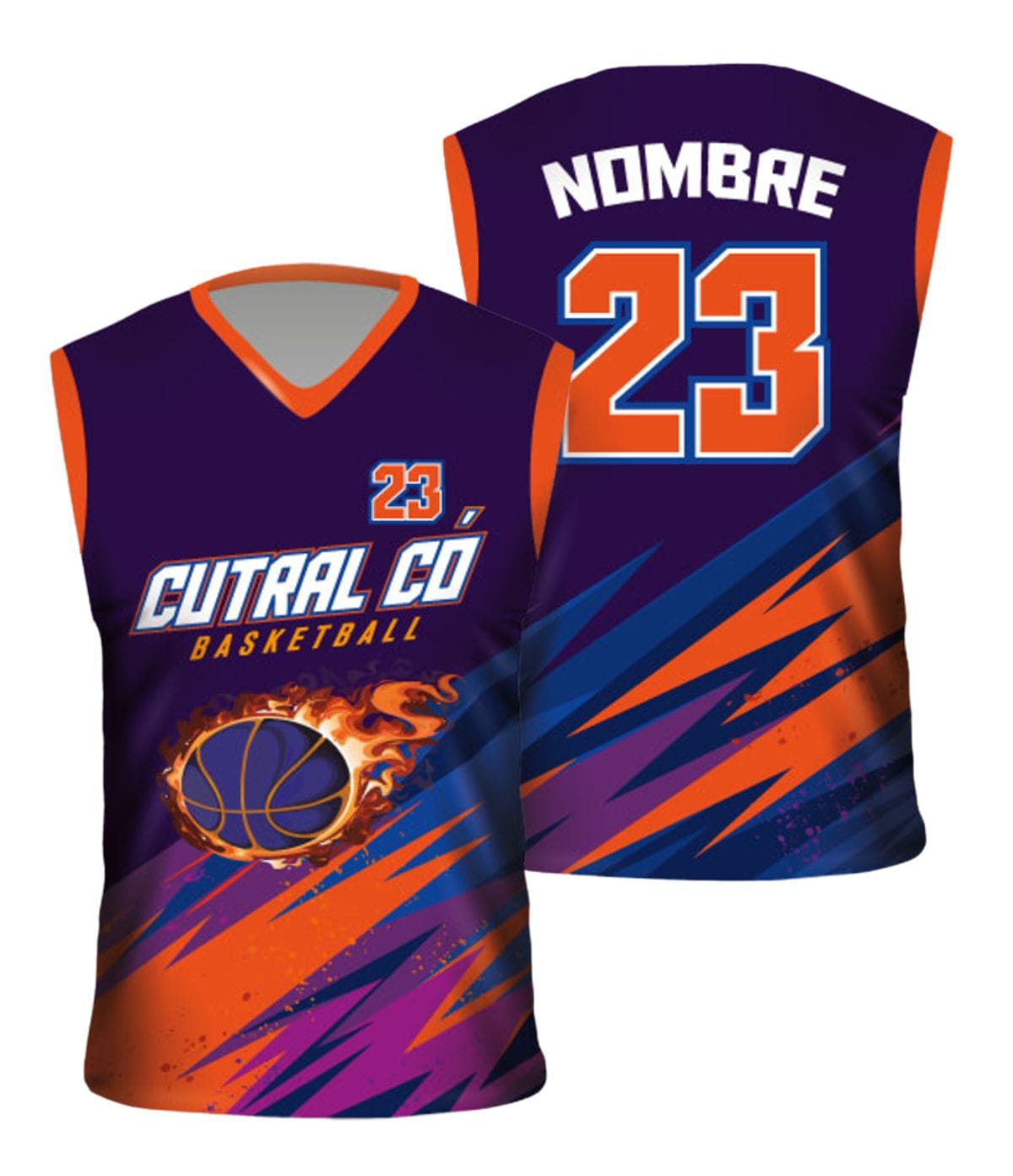 Camiseta de básquet sublimada violeta y naranja personalizada para equipo