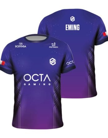 Camiseta de esports gaming sublimada azul y violeta personalizada para equipo