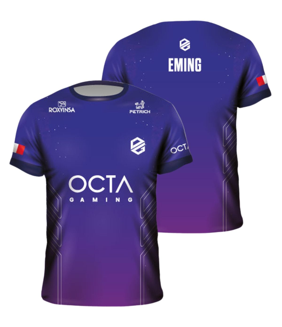Camiseta de esports gaming sublimada azul y violeta personalizada para equipo