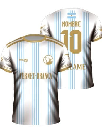 Camiseta de fútbol sublimada blanca y celeste personalizada para equipo
