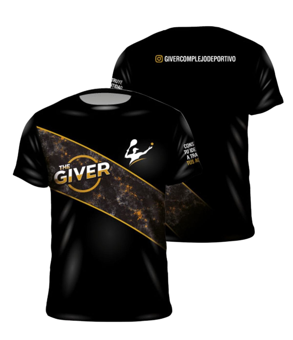 Camiseta de pádel sublimada negra y dorada personalizada