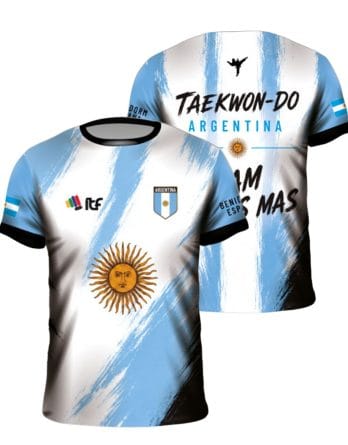 Camiseta de taekwondo sublimada celeste y blanca estilo Argentina personalizada
