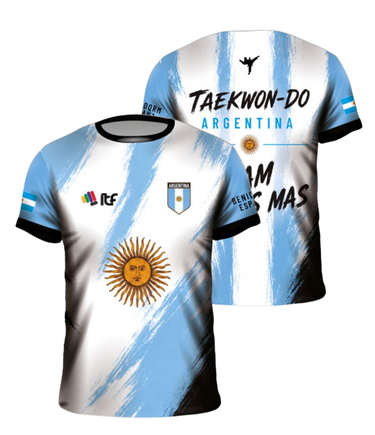 Camiseta de taekwondo sublimada celeste y blanca estilo Argentina personalizada