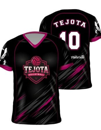 Camiseta de vóley sublimada negra y fucsia personalizada para equipo