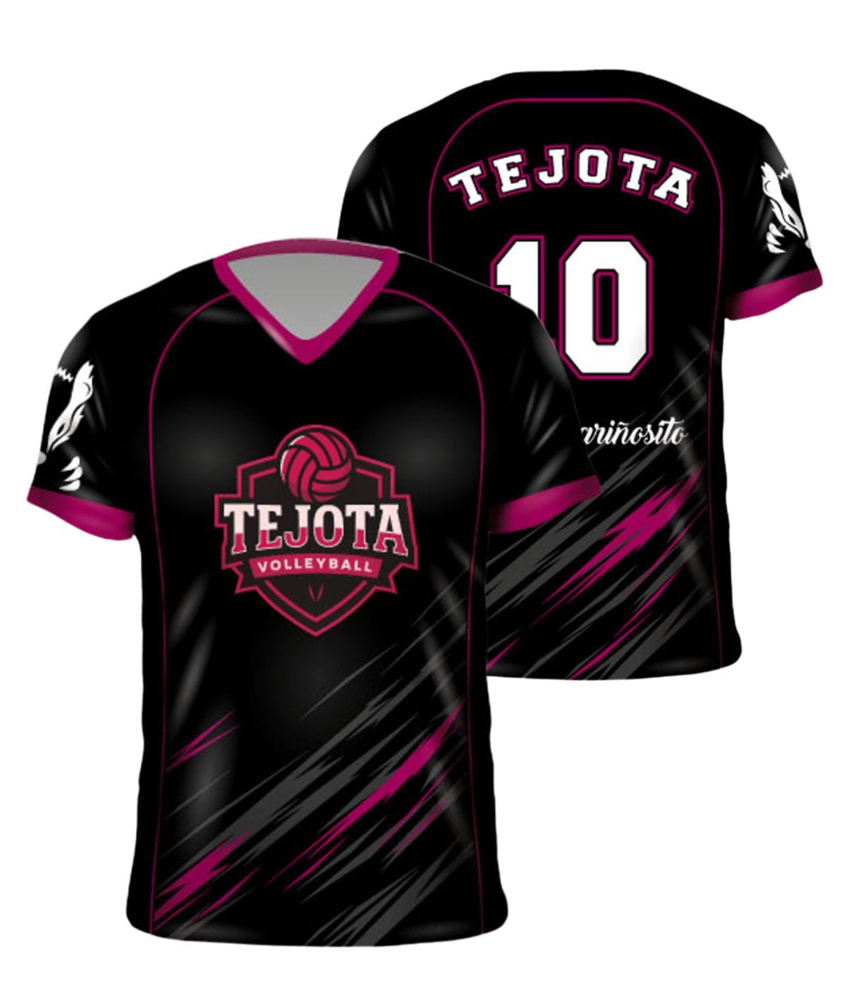 Camiseta de vóley sublimada negra y fucsia personalizada para equipo