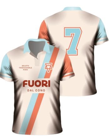 Chomba deportiva sublimada beige celeste y naranja personalizada para empresa o equipo