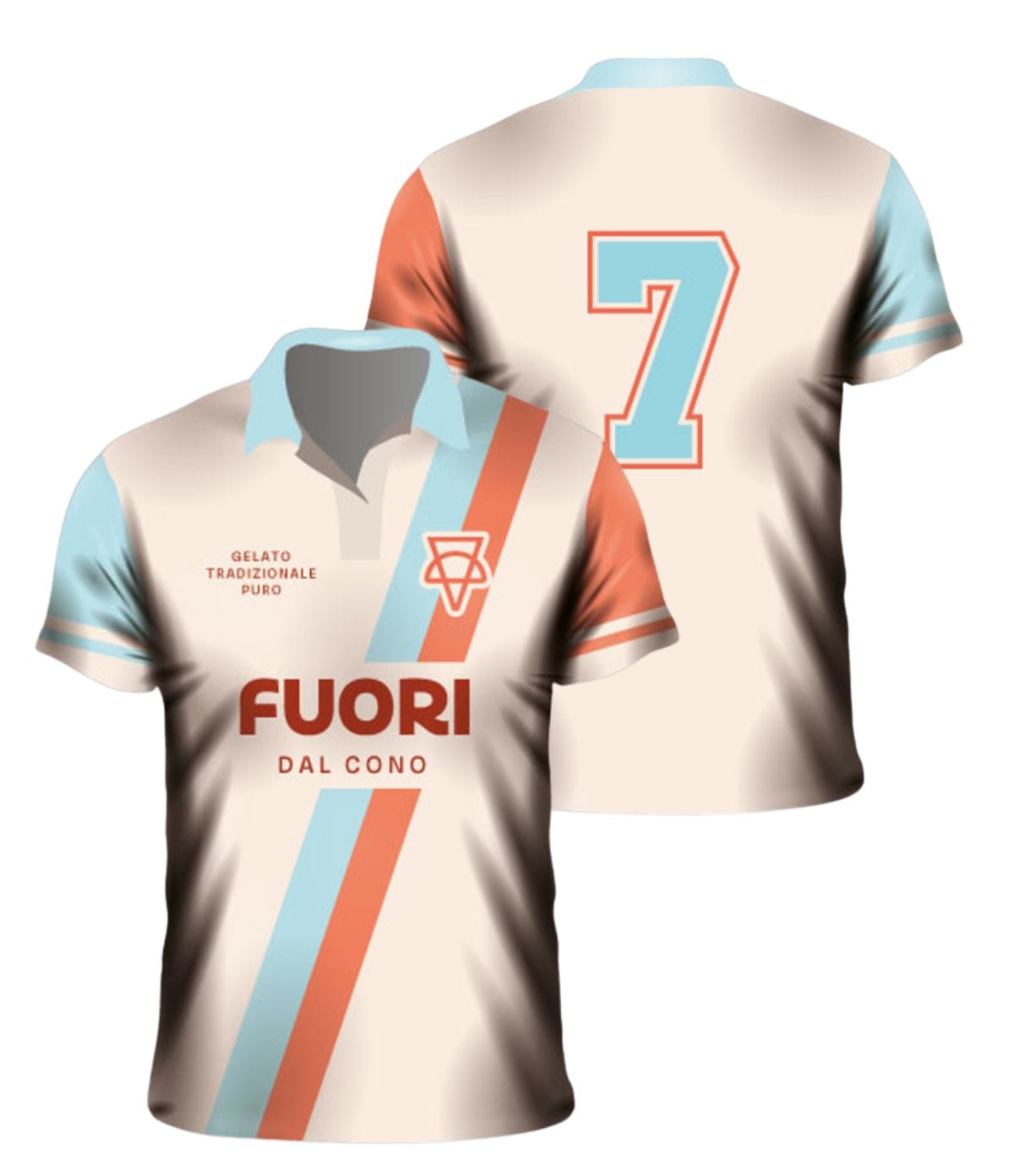 Chomba deportiva sublimada beige celeste y naranja personalizada para empresa o equipo