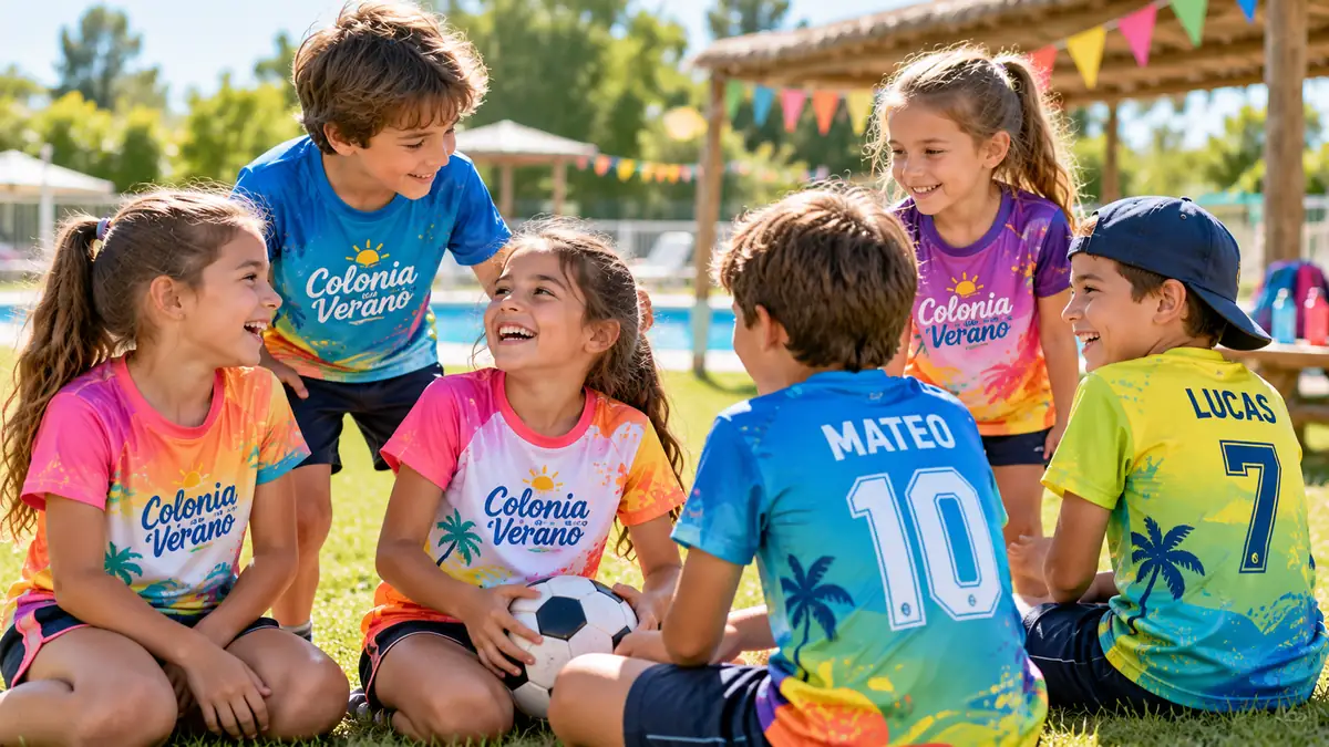 Chicos con remeras personalizadas sublimadas en una colonia de verano